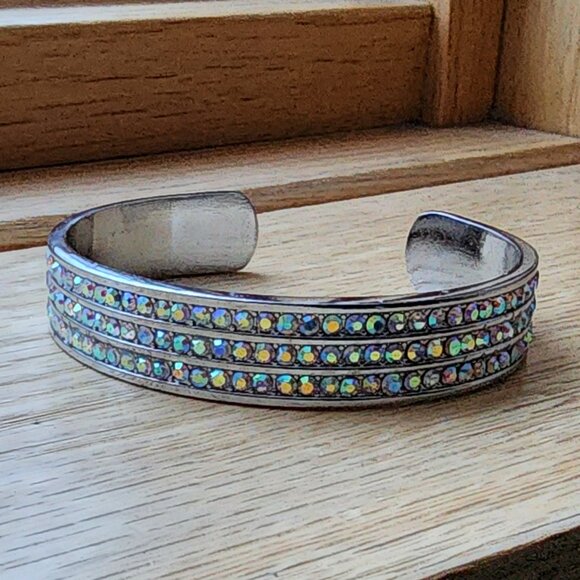 Silvertone Bangle With Three Rows Of Crystals - Picture 1 of 13